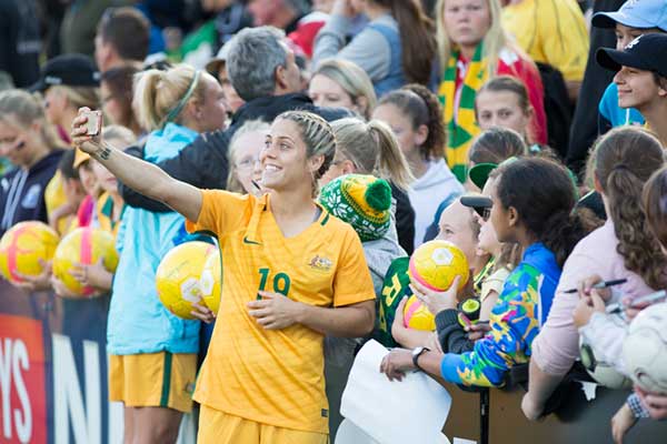 Matildas player taking selfie of herself and crowd